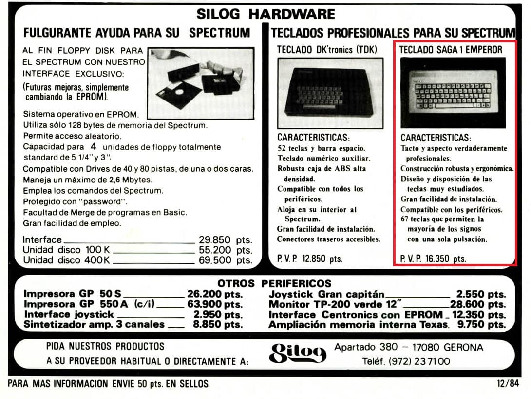 Teclado SAGA 01 anunico Micro Hobby nº7 pág. 35. 16350 ptas sería 98€ en el año 1985.