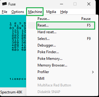 Después de la ejecución, reseteamos para cargar otro programa de la cinta. Lo mismo de antes LOAD "", enter, y F8. Pulsando de nuevo F8 para parar el casette cuando veamos que comienza a correr el programa.